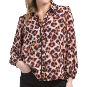 Zac & Rachel Leopard Animal Print Blouse Lace Trim Purple Button Up Shirt XL